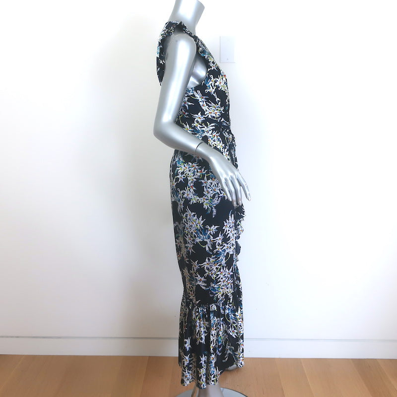 Cinq a Sept Mirna Asymmetric Ruffled Midi Dress Navy Floral Print Silk Size 6