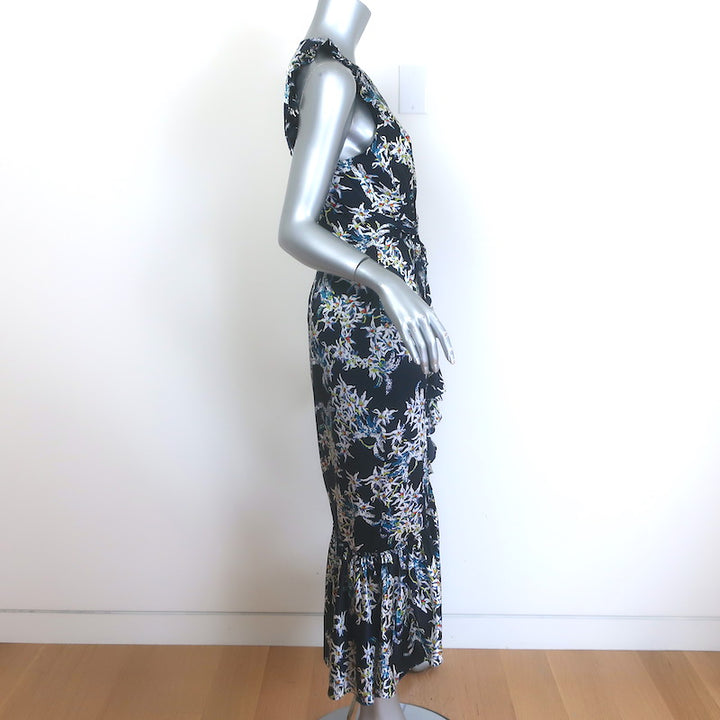 Cinq a Sept Mirna Asymmetric Ruffled Midi Dress Navy Floral Print Silk Size 6