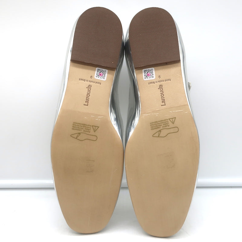 Authentic Larroude Mary Jane ballet flats in silver mirrored leather, like-new pre-owned pair, size 9.