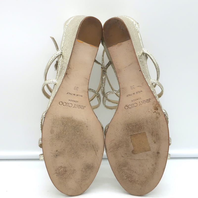 Jimmy Choo Michiko Wedge Sandals Gold Metallic Crackled Leather Size 38