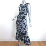 Cinq a Sept Mirna Asymmetric Ruffled Midi Dress Navy Floral Print Silk Size 6