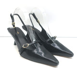 Larroude Ines buckled slingback pumps in black leather, pointed-toe heels, gently pre-owned with authentic designer quality