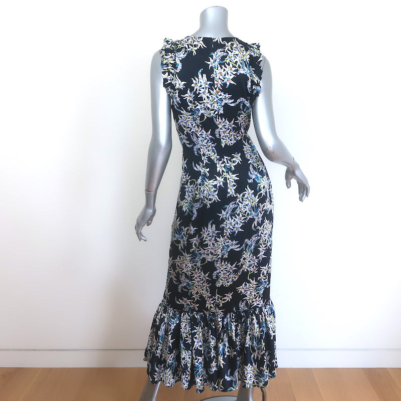 Cinq a Sept Mirna Asymmetric Ruffled Midi Dress Navy Floral Print Silk Size 6