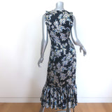 Cinq a Sept Mirna Asymmetric Ruffled Midi Dress Navy Floral Print Silk Size 6