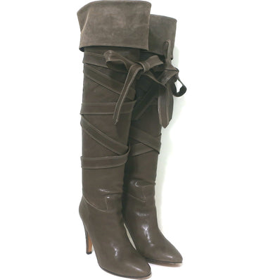 Chloe Wrap-Around Over the Knee Boots Dark Taupe Suede & Leather Size 38.5