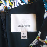 Cinq a Sept Mirna Asymmetric Ruffled Midi Dress Navy Floral Print Silk Size 6