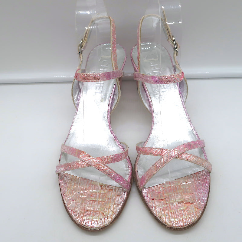 Chanel Ankle Strap Sandals Pink Metallic Snakeskin Size 38.5