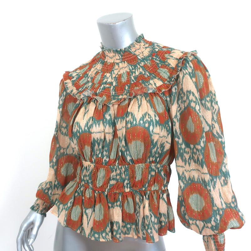 Ulla Johnson Blouse Noor Nimbus Metallic Printed Size 4 Bishop-Sleeve Top NEW