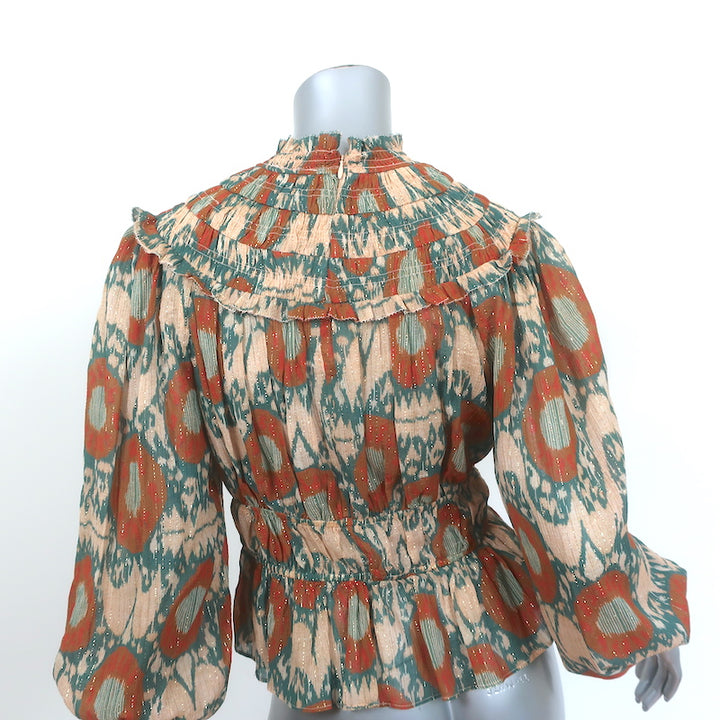 Ulla Johnson Blouse Noor Nimbus Metallic Printed Size 4 Bishop-Sleeve Top NEW