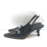 Larroude Ines buckled slingback pumps in black leather, pointed-toe heels, gently pre-owned, size 9