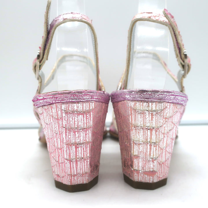 Chanel Ankle Strap Sandals Pink Metallic Snakeskin Size 38.5