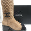 Chanel 21K CC Embroidered Cap Toe Boots Tan Quilted Suede Size 38.5