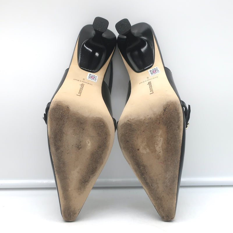 Larroude Ines buckled slingback pumps in black leather, pointed-toe heels - pre-owned, gently worn luxury