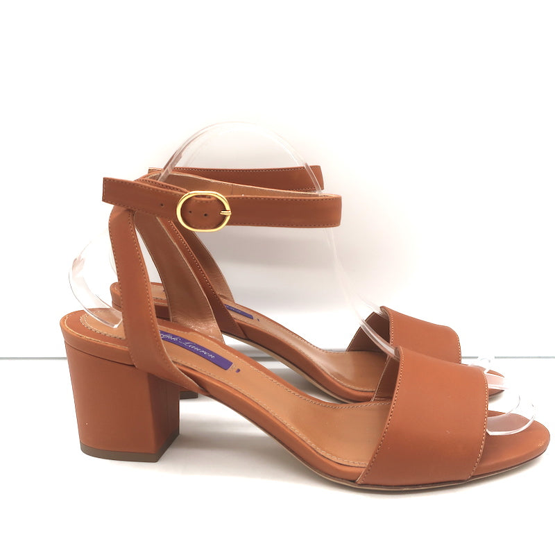 Ralph Lauren Purple Label Ankle Strap Block Heel Sandals Brown Leather Size 38.5
