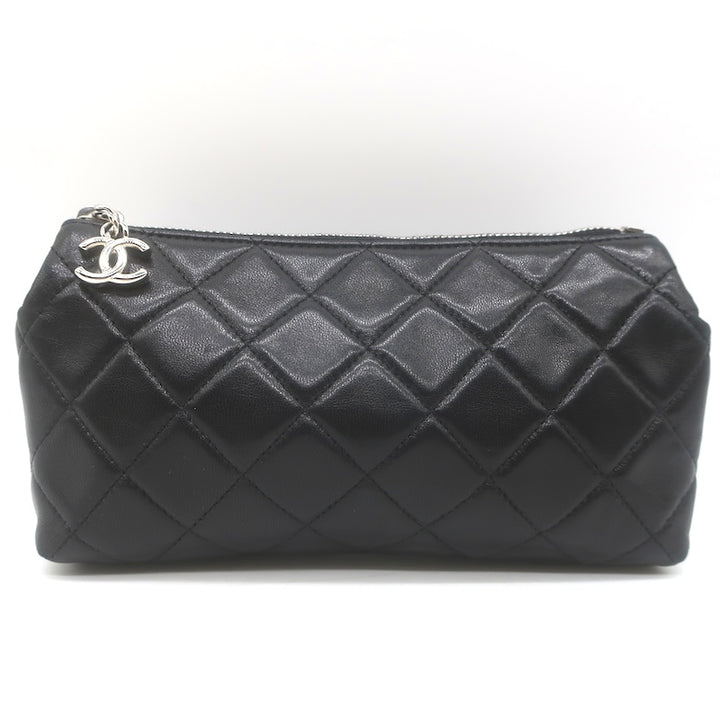Chanel 2008 Quilted Cosmetic Bag Black Lambskin Leather Pouch