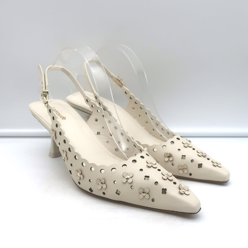Larroude jasmine flower-embellished perforated slingback pumps, ivory leather, pre-owned luxury designer heels — size 9.