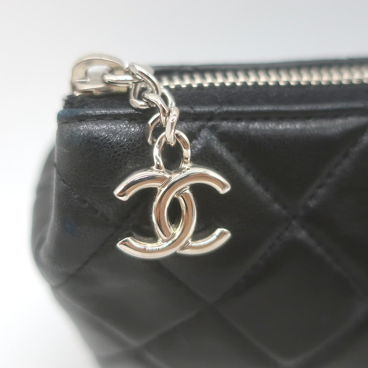 Chanel 2008 Quilted Cosmetic Bag Black Lambskin Leather Pouch