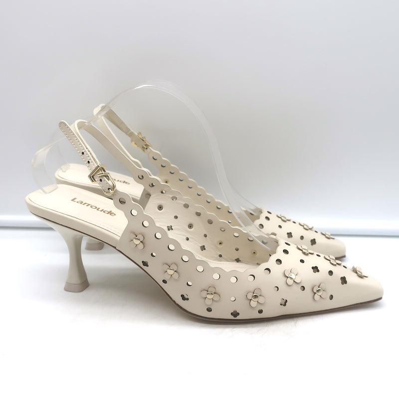 Larroude jasmine flower-embellished perforated ivory leather slingback pumps, authentic pre-owned, size 9