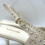 Larroude Jasmine flower-embellished perforated slingback pumps in ivory leather, pre-owned, size 9