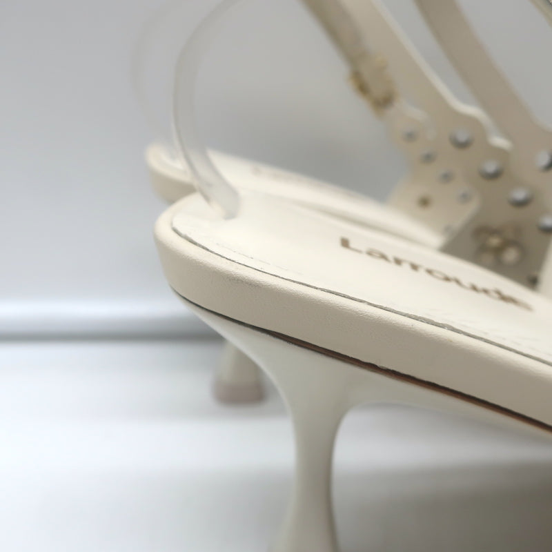 Larroude Jasmine flower-embellished perforated slingback pumps in ivory leather, authentic pre-owned, good condition