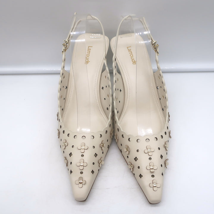 Authentic pre-owned Larroude ivory perforated leather slingback pumps with jasmine flower embellishment, size 9