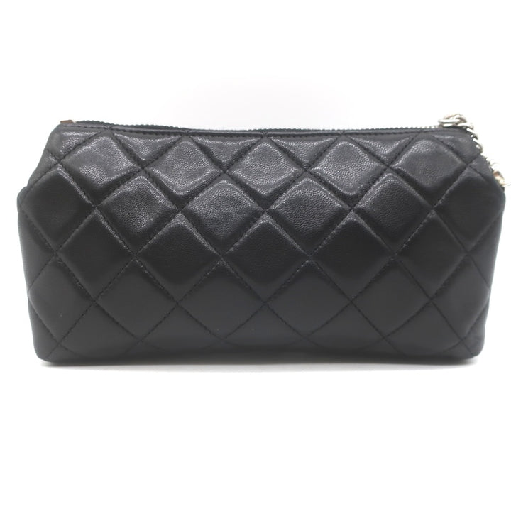 Chanel 2008 Quilted Cosmetic Bag Black Lambskin Leather Pouch