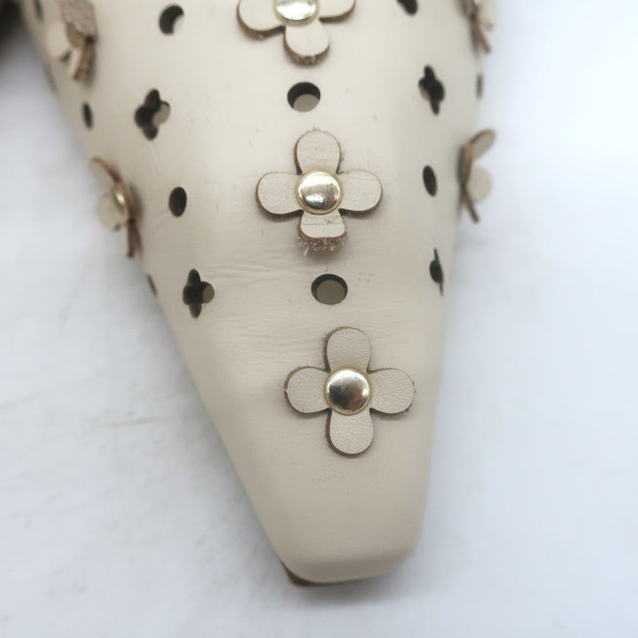 Larroude Jasmine flower-embellished perforated slingback pumps in ivory leather, pre-owned