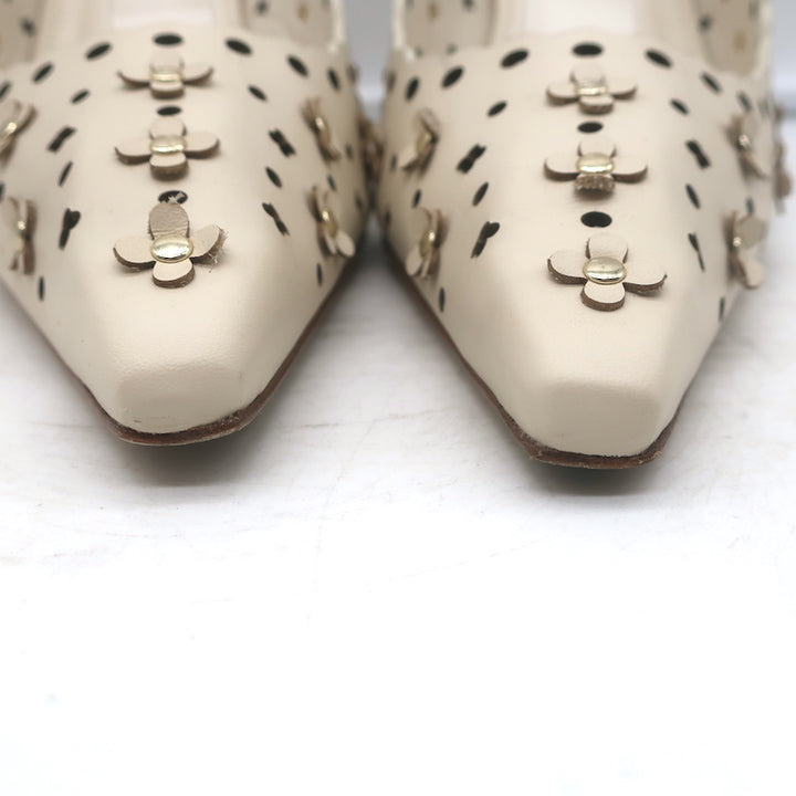 Larroude Jasmine flower-embellished perforated slingback pumps in ivory leather, pre-owned luxury heels
