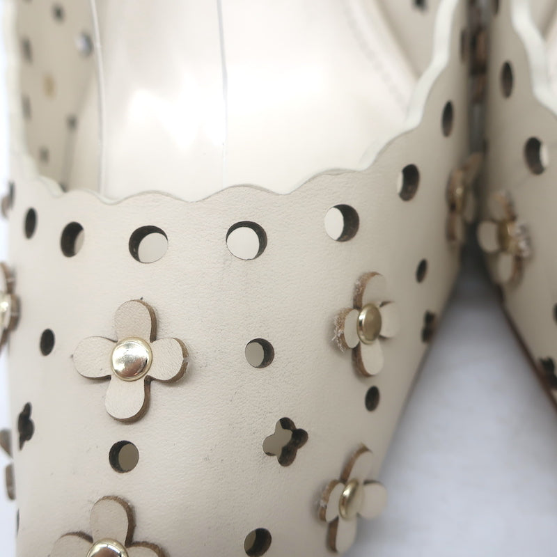 Larroude ivory perforated leather slingback pumps with jasmine flower embellishment, authentic pre-owned, good condition