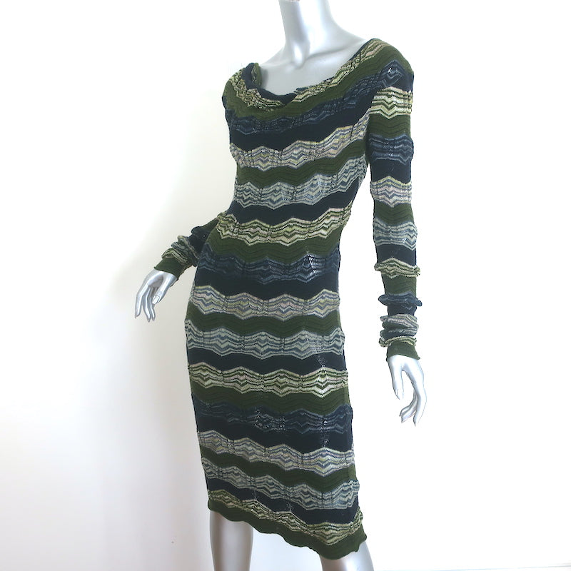 Missoni Zig Zag Knit Long Sleeve Cowl-Back Dress Green/Navy Size 40 Celebrity Owned Missoni Zig Zag Knit Long Sleeve Cowl-Back Dress Green/Navy Size 40 Celebrity Owned