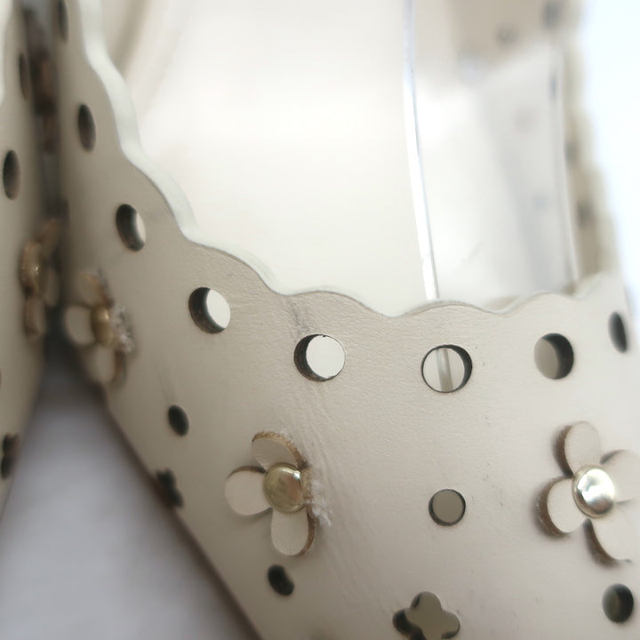 Larroude Jasmine flower-embellished perforated slingback pumps in ivory leather, authentic pre-owned