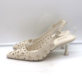 Larroude jasmine flower-embellished perforated ivory leather slingback pumps, gently pre-owned