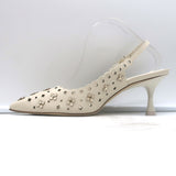 Larroude ivory perforated leather slingback pumps with jasmine flower embellishment, authentic pre-owned, size 9