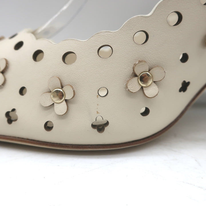 Larroude Jasmine flower-embellished perforated slingback pumps, ivory leather, pre-owned, size 9, refined luxury