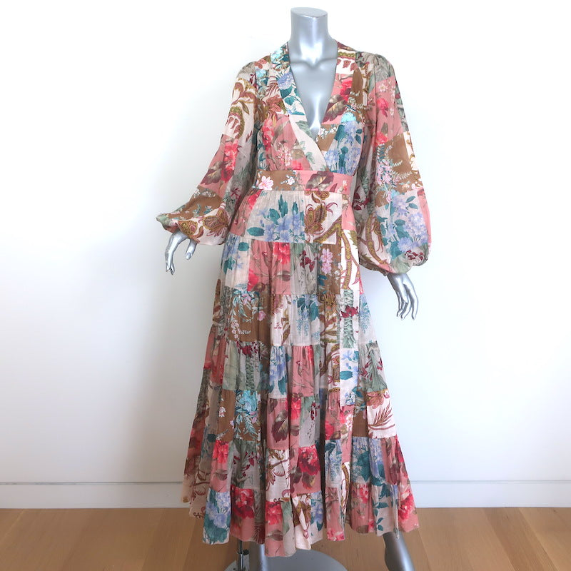 floral print wrap midi dress Zimmermann Cassia Patchwork Floral Print Wrap Dress Multicolor Voile S –  Celebrity Owned