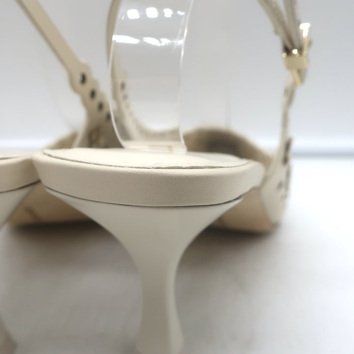 Larroude Jasmine flower-embellished perforated slingback pumps in ivory leather, pre-owned, size 9