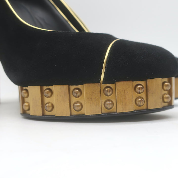 Chanel 13C Riveted-Platform Pumps Gold Leather-Trim Black Suede Size 37.5 US 6