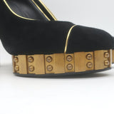 Chanel 13C Riveted-Platform Pumps Gold Leather-Trim Black Suede Size 37.5 US 6