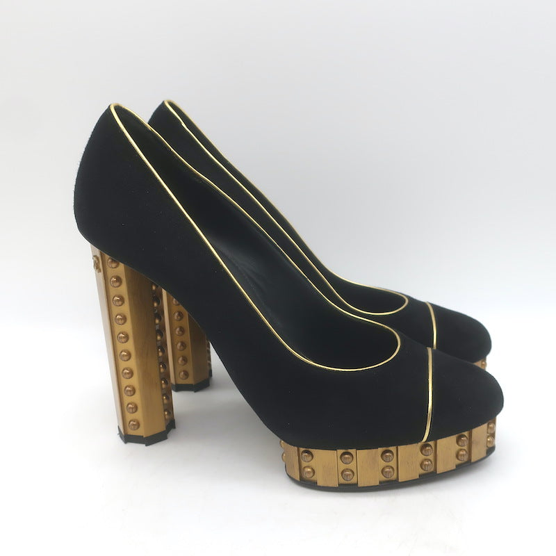Chanel 13C Riveted-Platform Pumps Gold Leather-Trim Black Suede Size 37.5 US 6