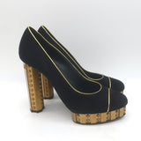 Chanel 13C Riveted-Platform Pumps Gold Leather-Trim Black Suede Size 37.5 US 6