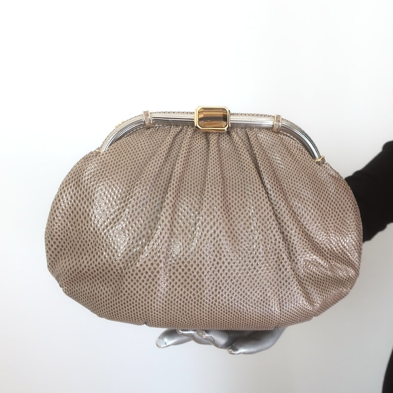 Vintage Judith Leiber Tigers Eye Clutch Taupe Karung Snakeskin Crossbody Bag