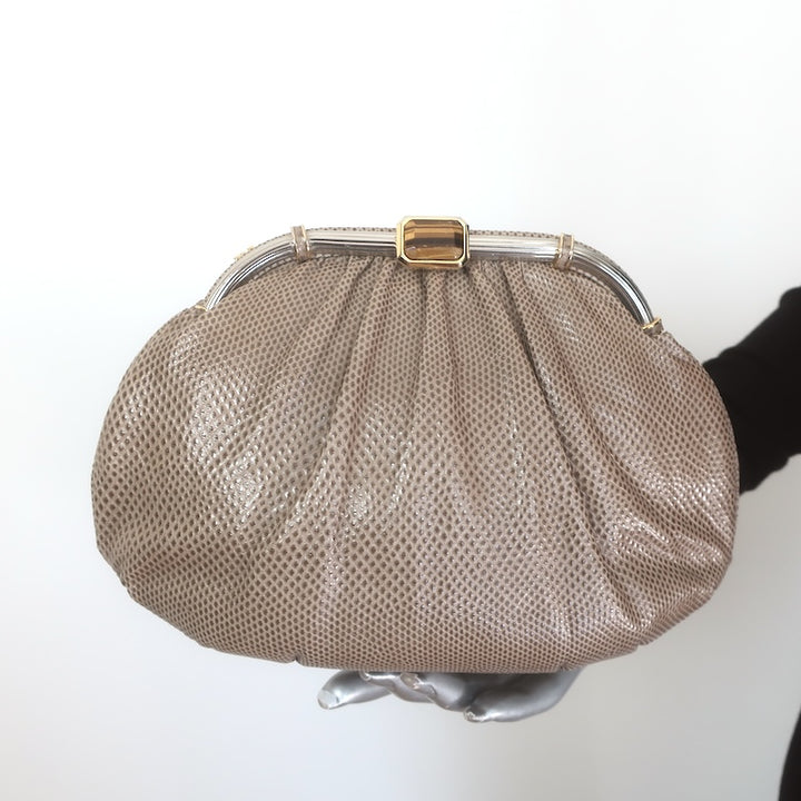 Vintage Judith Leiber Tigers Eye Clutch Taupe Karung Snakeskin Crossbody Bag