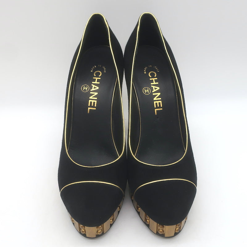 Chanel 13C Riveted-Platform Pumps Gold Leather-Trim Black Suede Size 37.5 US 6
