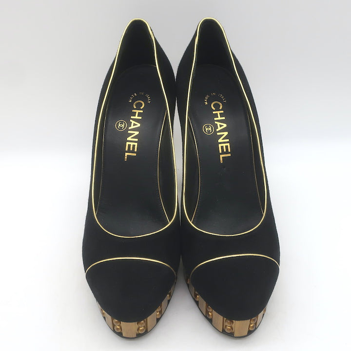 Chanel 13C Riveted-Platform Pumps Gold Leather-Trim Black Suede Size 37.5 US 6