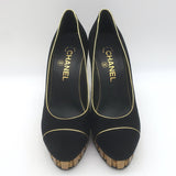Chanel 13C Riveted-Platform Pumps Gold Leather-Trim Black Suede Size 37.5 US 6