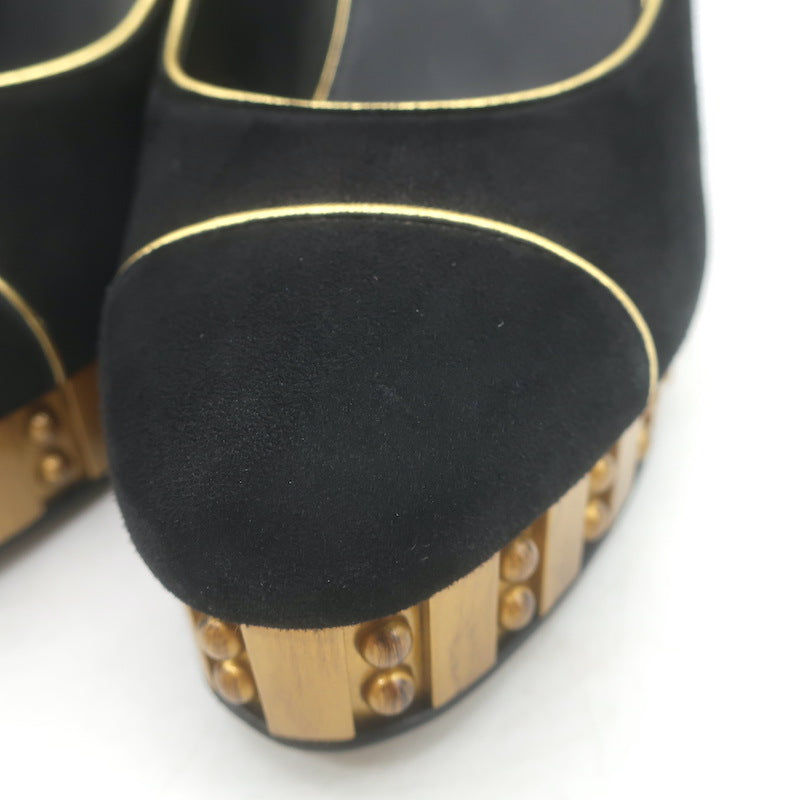 Chanel 13C Riveted-Platform Pumps Gold Leather-Trim Black Suede Size 37.5 US 6