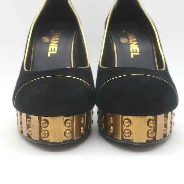 Chanel 13C Riveted-Platform Pumps Gold Leather-Trim Black Suede Size 37.5 US 6