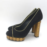 Chanel 13C Riveted-Platform Pumps Gold Leather-Trim Black Suede Size 37.5 US 6