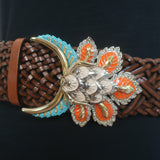 Roberto Cavalli Enamel Buckle Woven Wide Belt Dark Brown Leather One Size