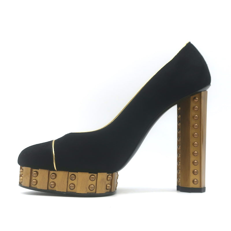 Chanel 13C Riveted-Platform Pumps Gold Leather-Trim Black Suede Size 37.5 US 6